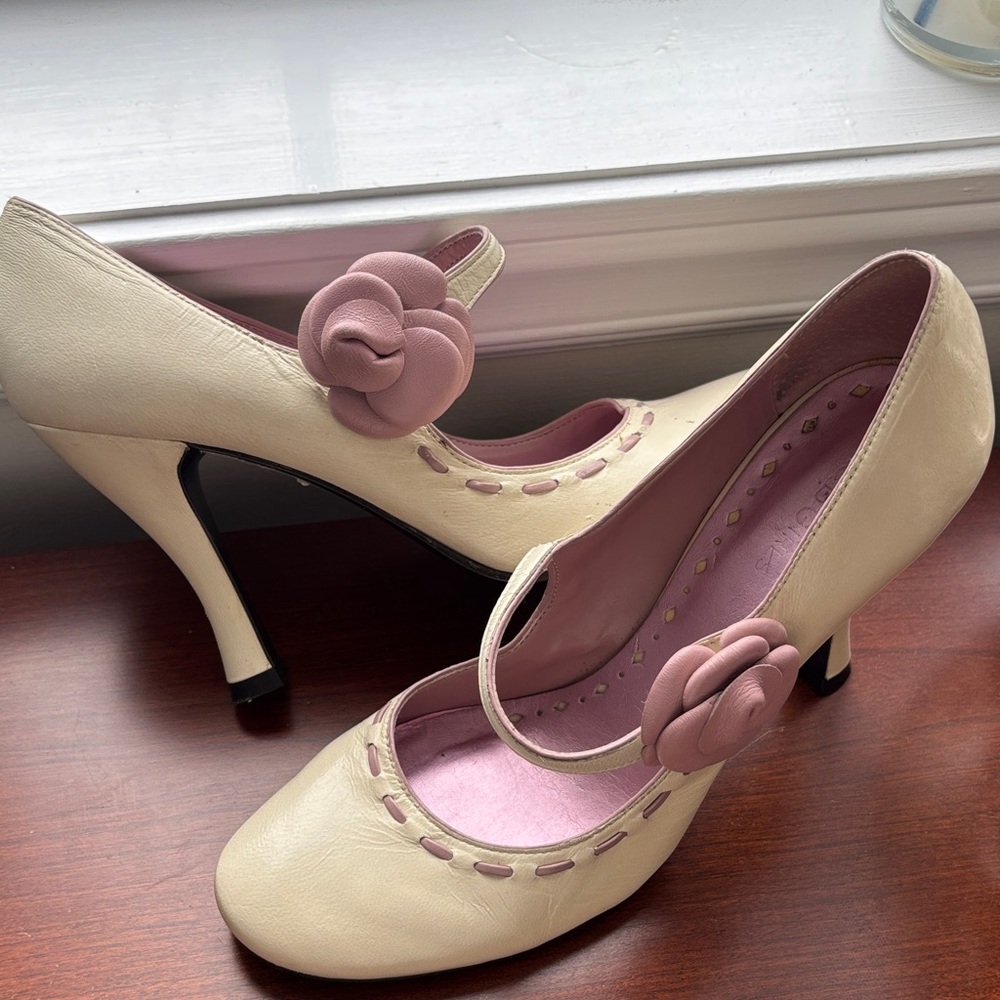 BCBGirls Cream Heels with Lavender Floral Accent